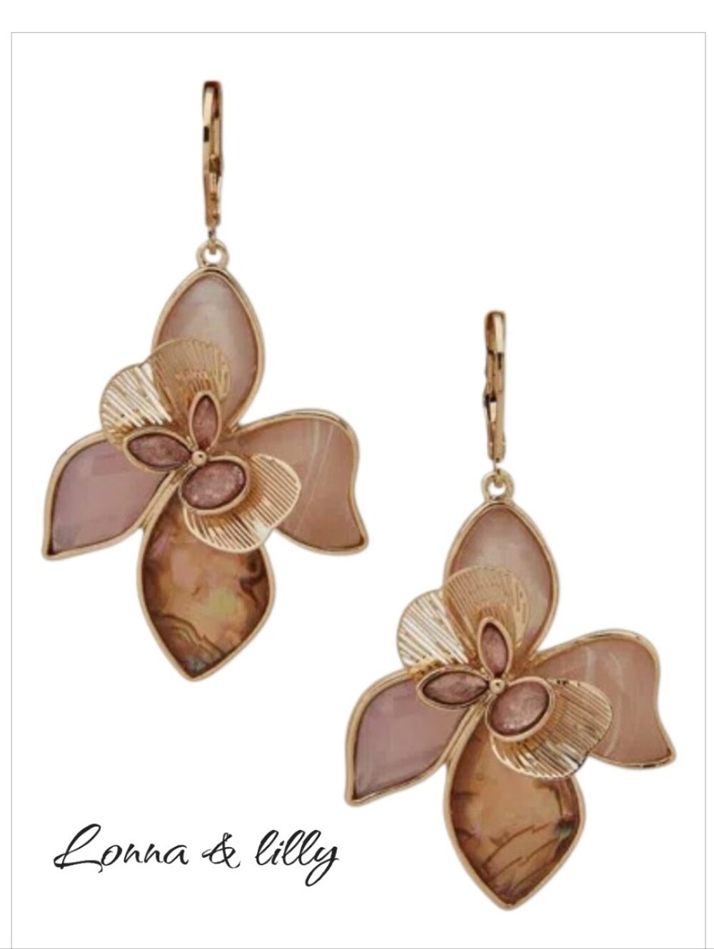 Lonna & Lilly Pink Flower Drop Earrings Gold Mixed Stone Leverback NWT